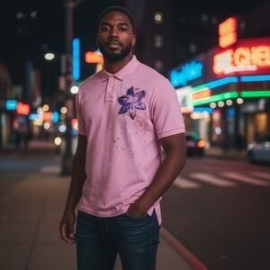 Polo Ralph Lauren Mens XXL Pink Floral Paint Splatter Custom Fit Polo Shirt